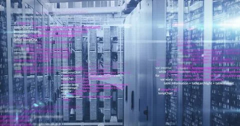 Computer code image over servers in data center 库存照片