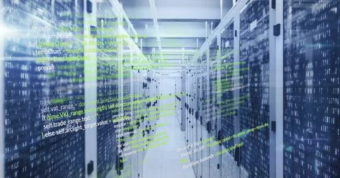 Computer code image over servers in data center Stock Photos
