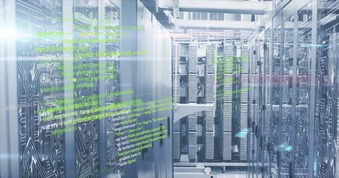 Computer code image over servers in data center Stock Photos