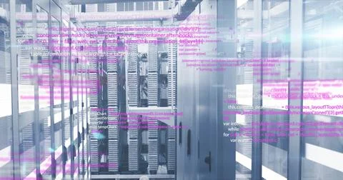 Computer code image over servers in data center Foto stock