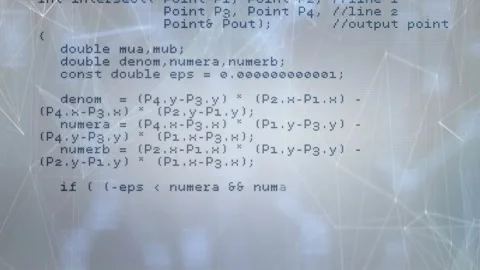 Computer code over blue and white geometric background with animation elements Stock Footage 303590590