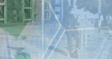 Computer code over caucasian woman in a mask in city, coronavirus and program Foto stock
