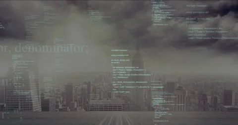 Computer code overlaying cloudy sky, city skyline creating digital animation Stock Footage 306267077