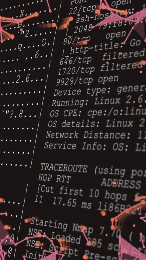 Computer code with pink geometric shapes and network connections animation Stock Footage 344370532