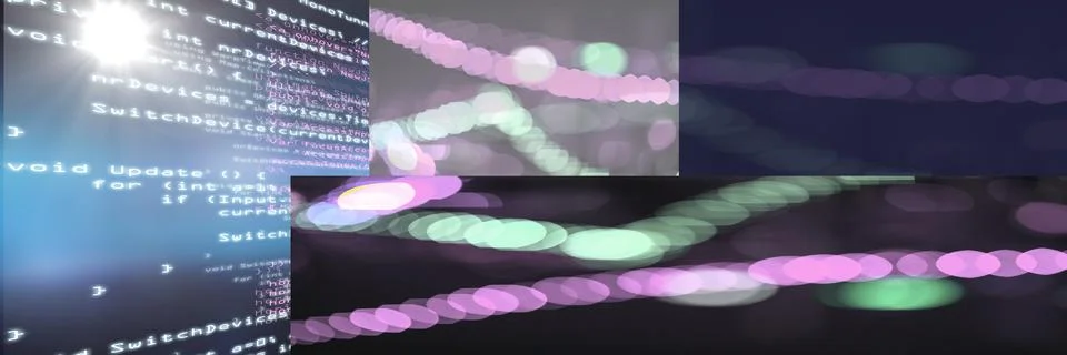 Computer code processing against a multicolor background, program coding and Foto stock