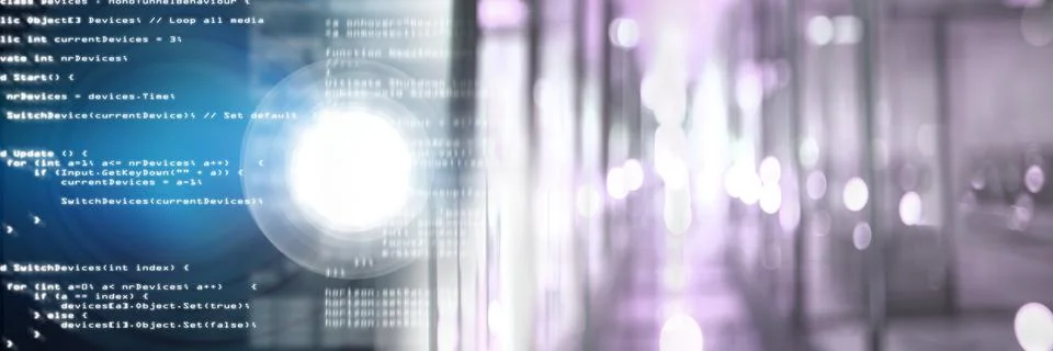 Computer code processing next to a corridor, program coding and technology Foto stock