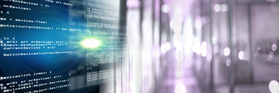 Computer code processing next to a corridor, program coding and technology Stock Photos