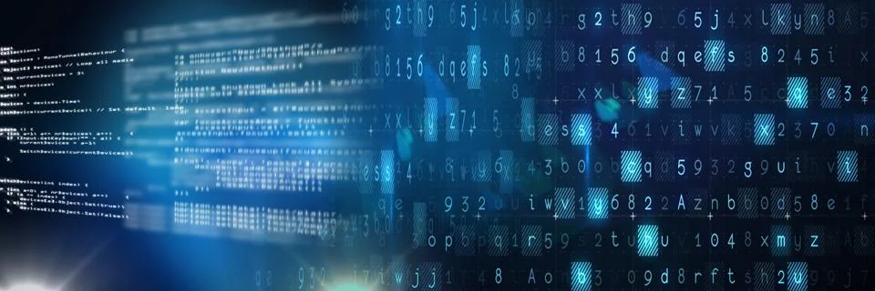 Computer code processing over blue background, technology, programming, and Stock Illustration