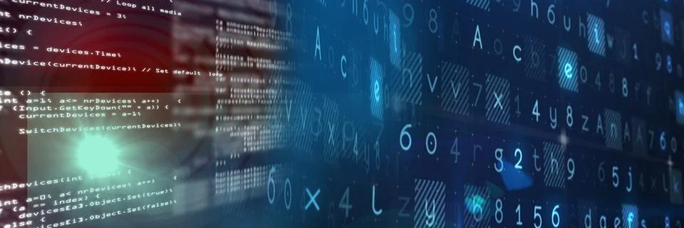 Computer code processing over blue background, technology, programming, and Stock Illustration