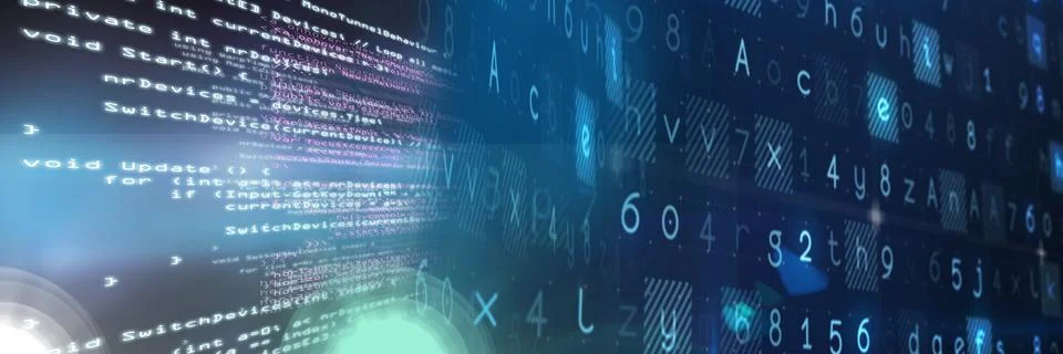 Computer code processing over blue background, technology, programming, and Illustrazione stock