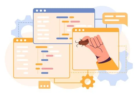 Computer code. Programmers hand holding bug. Malware problem. Digital debug Stock Illustration