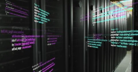 Computer code projected on server racks in modern data center environment 스톡 사진