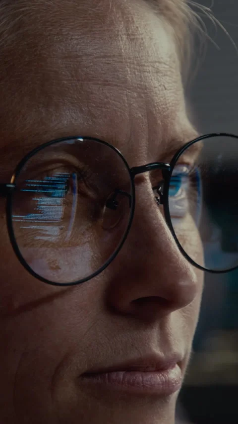 Computer Code Reflecting on Female IT Specialists Glasses 스톡 동영상 289680298