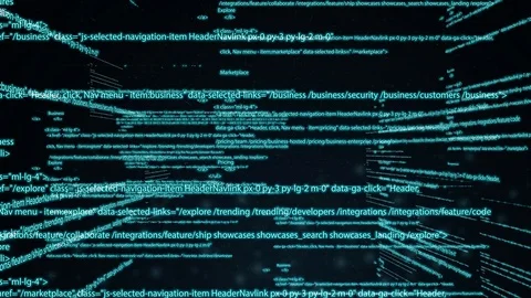 Computer code running in a virtual space. camera moves through the text Stock Footage 85480050