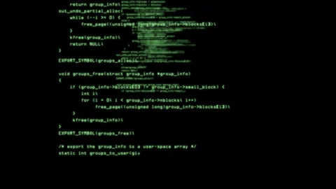 Computer code running in a virtual space. Camera moves through the text Stock Footage 115447322