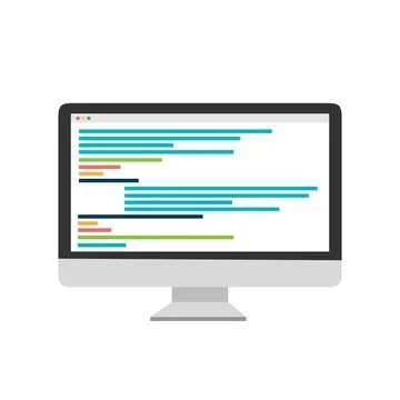 Computer with code on the screen on blue background. Coding Stock Illustration