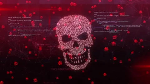 Computer code on a screen with a skull representing a computer virus malware Stock Footage 157730298