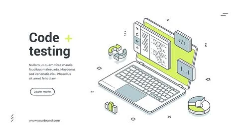 Computer code testing software programming isometric web banner design templa Stock Illustration