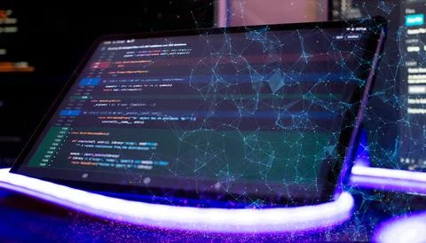 Computer code with virtual screen. Programming code technology. Stock Photos