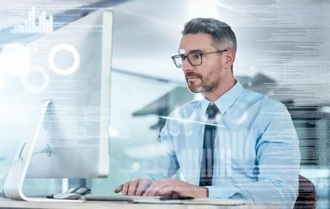 Computer, coding and businessman with overlay in office for IT, research or Stock Photos