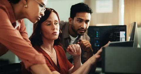 Computer, coding and research with business people in office for programmer.. 写真素材