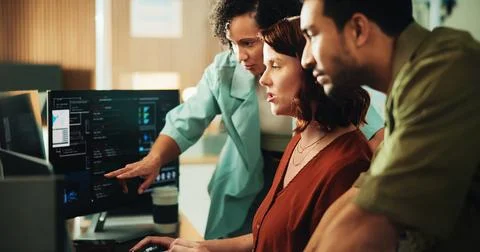 Computer, coding and research with business people in office for programmer.. Stock Photos
