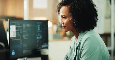 Computer, coding and research with woman in office for programmer, cyber se.. Stock Photos