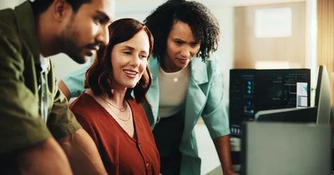 Computer, coding and smile with business people in office for programmer re.. 写真素材