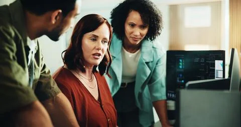 Computer, coding and talking with business people in office for programmer .. Stock Photos