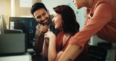 Computer, coding and team with business people in office for programmer rev.. Stock Photos