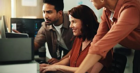 Computer, coding and typing with business people in office for programmer r.. Stock-Fotos