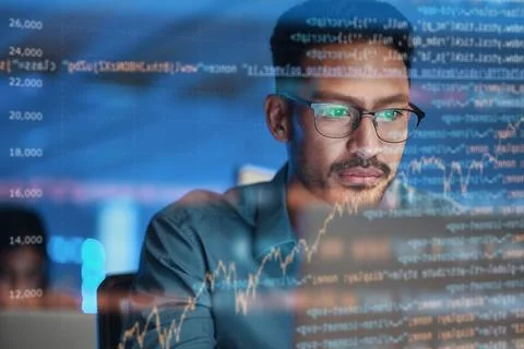 Computer, coding hologram and business man in data analysis, code html or Stock Photos
