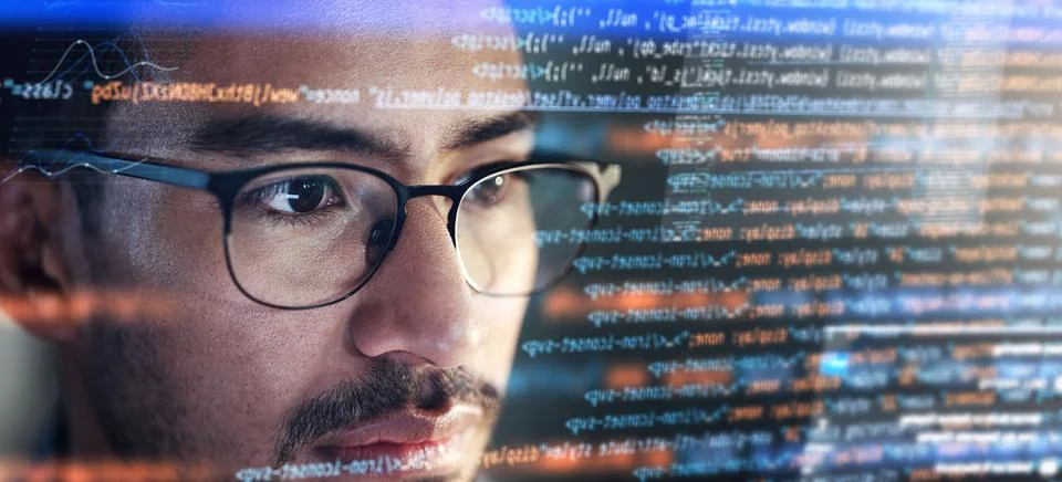 Computer, coding hologram and man in data analytics, information technology 写真素材