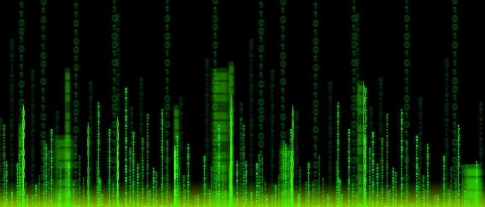 Computer coding with neon gradient, zeros and ones of binary code. Stock Illustration