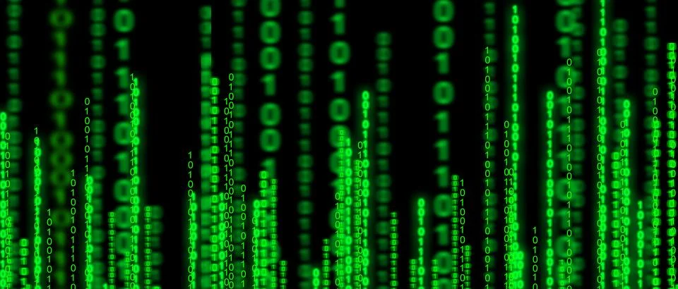 Computer coding with neon gradient, zeros and ones of binary code. Stock Illustration