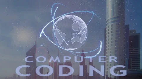 Computer coding text with 3d hologram of the planet Earth against the backdrop Stock Footage 98375768
