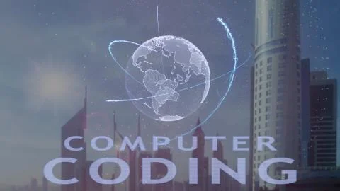 Computer coding text with 3d hologram of the planet Earth against the backdrop 스톡 사진