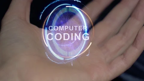 Computer coding text hologram on a female hand Stock Footage 112981341