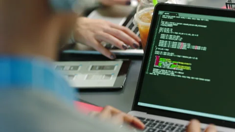 Computer coding, working and work code research of a business man writing ux and Video stock 225360624
