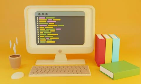 Computer with coffee and books 3D illustration 스톡 일러스트