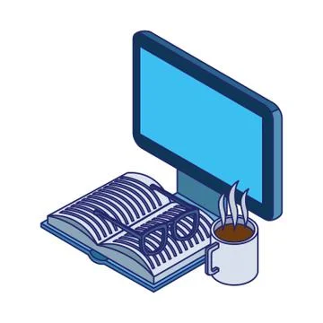 Computer, coffee mug and book with glasses Illustrazione stock