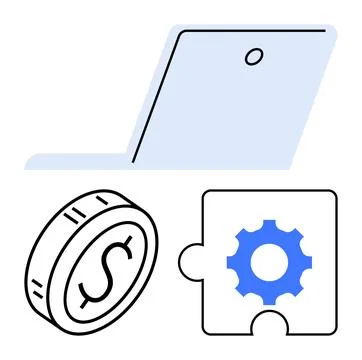 Computer, coin, and cog puzzle piece symbolizing technology, finance, innovat Stock Illustration