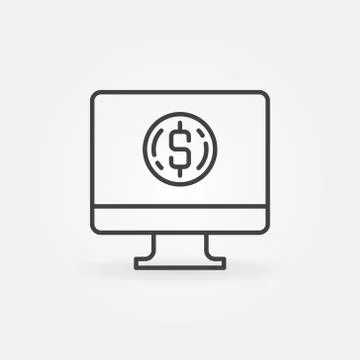 Computer with coin outline icon. Vector PC donation sign Stock Illustration