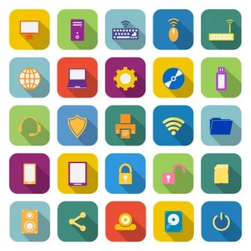 Computer color icons with long shadow Illustrazione stock
