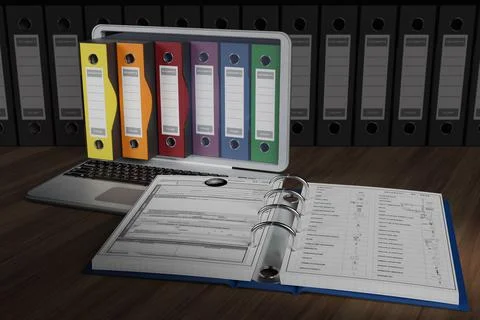 Computer Colored folders. Document filing   - 3D illustration. 스톡 일러스트