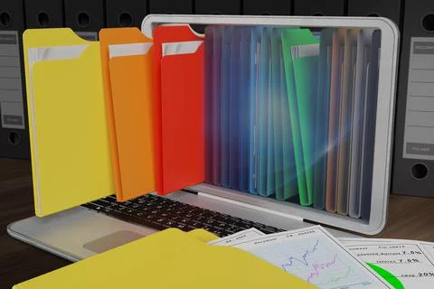 Computer Colored folders. Document filing   - 3D illustration. Stock Illustration