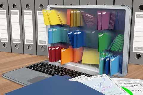 Computer Colored folders. Document filing   - 3D illustration. 스톡 일러스트