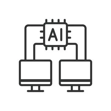 Computer Communication with AI, icon in line design. Computer, communication, AI Illustrazione stock