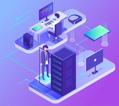 Computer Communication, Data Center, PC Vector Illustrazione stock