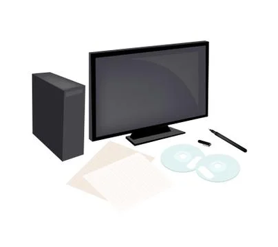 Computer, Compact Disc with Pen and Blank Paper Stock Illustration